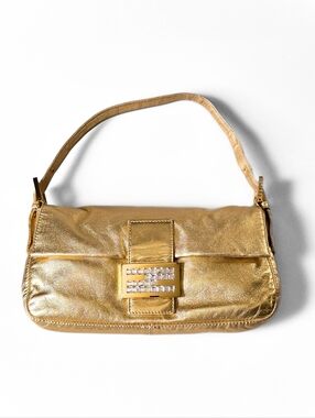 Fendi Baguette Metallic Gold Leather Rhinestone Crystal Detail ASO SATC